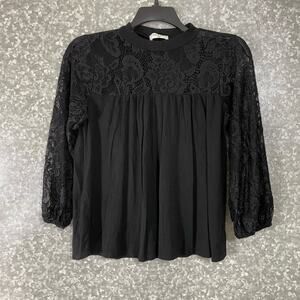 Kim & Cami Women's Black Lace Yoke Boho Goth Blouse - Size Small - Long Sleeves